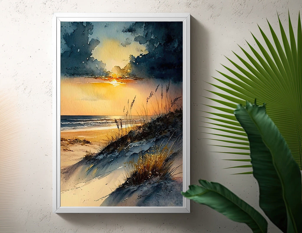 Beach Sunset Watercolor Print Ocean Wall Art Tropical Nature Gift Coastal Landscape Home Decor