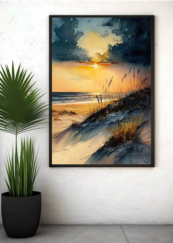 Beach Sunset Watercolor Print Ocean Wall Art Tropical Nature Gift Coastal Landscape Home Decor