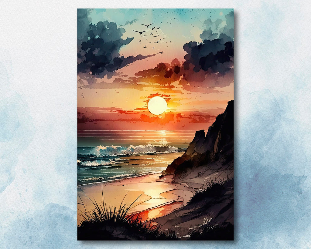 Beach Sunset Watercolor Print Ocean Wall Art Tropical Nature Gift Coastal Landscape Home Decor