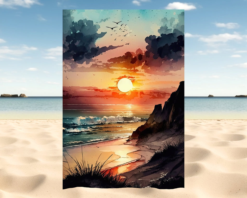 Beach Sunset Watercolor Print Ocean Wall Art Tropical Nature Gift Coastal Landscape Home Decor