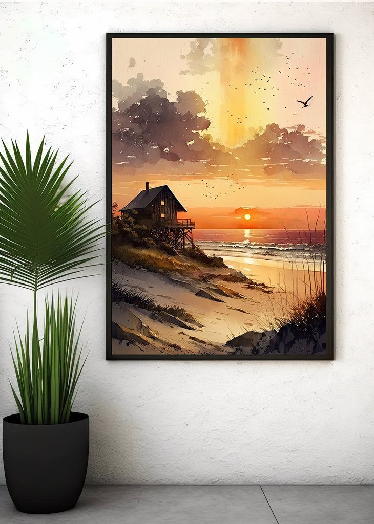 Beach Sunset Watercolor Print Ocean Wall Art Tropical Nature Gift Coastal Landscape Home Decor