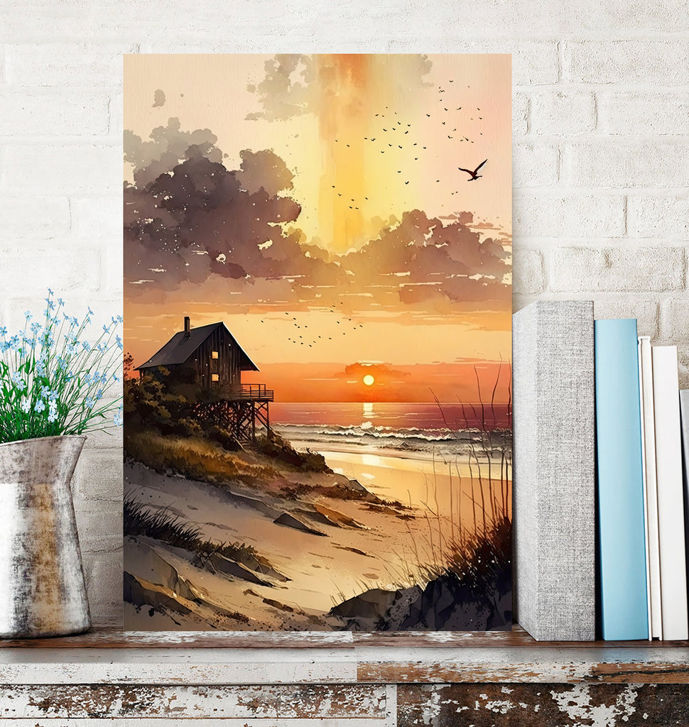 Beach Sunset Watercolor Print Ocean Wall Art Tropical Nature Gift Coastal Landscape Home Decor