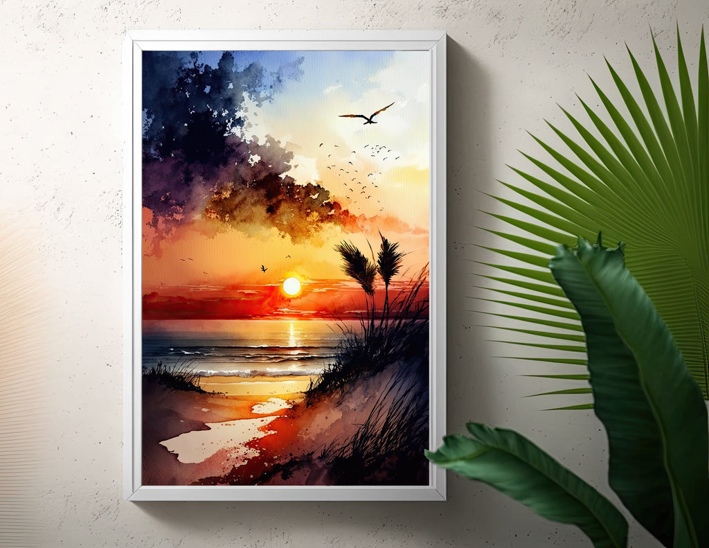 Beach Sunset Watercolor Print Ocean Wall Art Tropical Nature Gift Coastal Landscape Home Decor