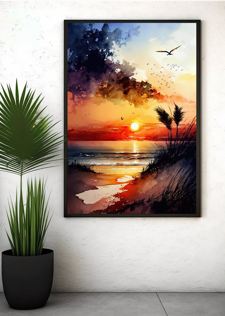 Beach Sunset Watercolor Print Ocean Wall Art Tropical Nature Gift Coastal Landscape Home Decor