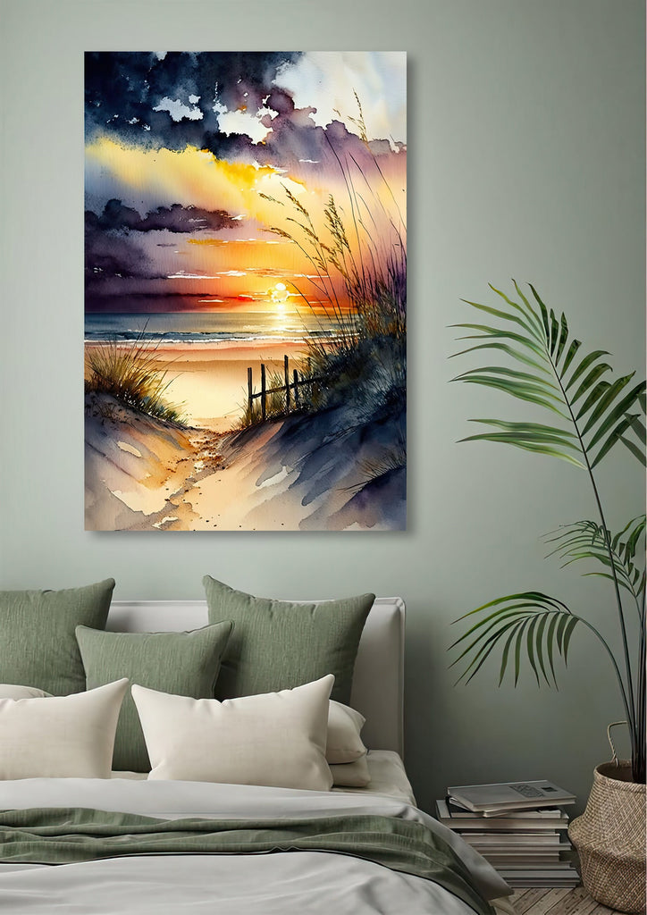 Beach Sunset Watercolor Print Ocean Wall Art Tropical Nature Gift Coastal Landscape Home Decor