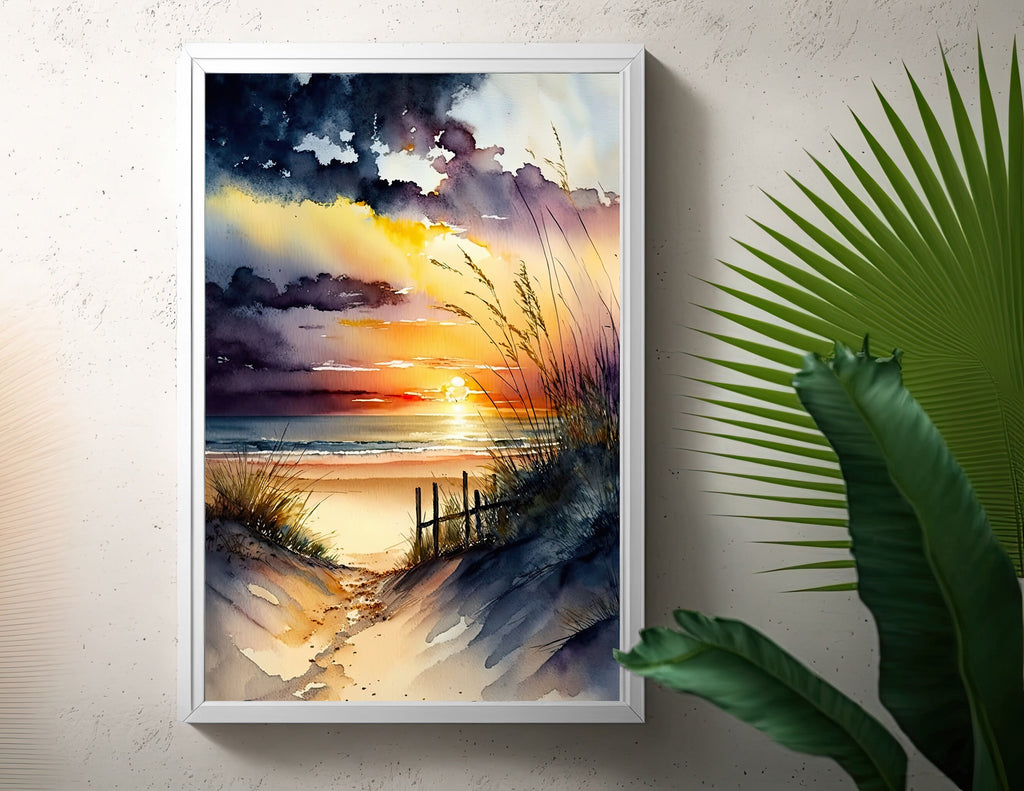 Beach Sunset Watercolor Print Ocean Wall Art Tropical Nature Gift Coastal Landscape Home Decor