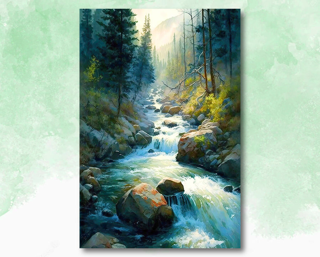 Forest Stream Sage Green Wall Art Watercolor Print Landscape Painting Nature Inspired Gift Woodland Cottagecore Decor