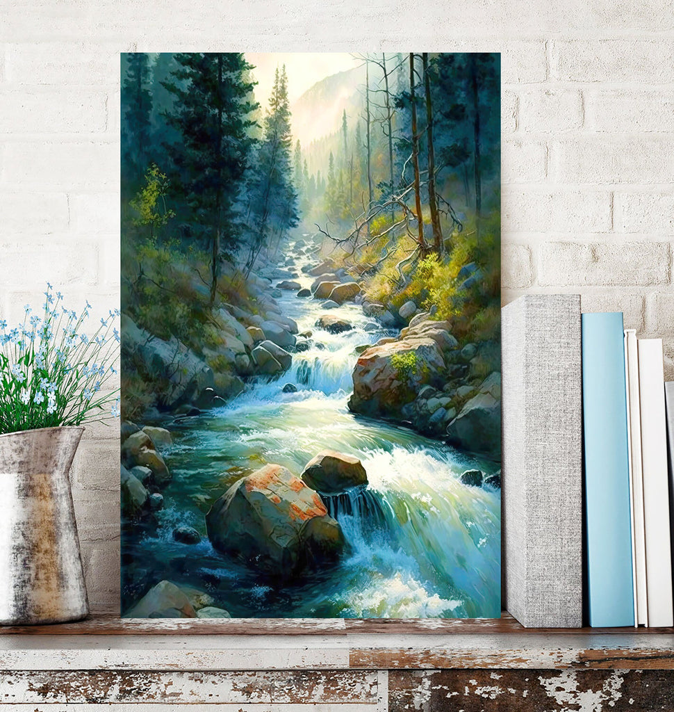 Forest Stream Sage Green Wall Art Watercolor Print Landscape Painting Nature Inspired Gift Woodland Cottagecore Decor