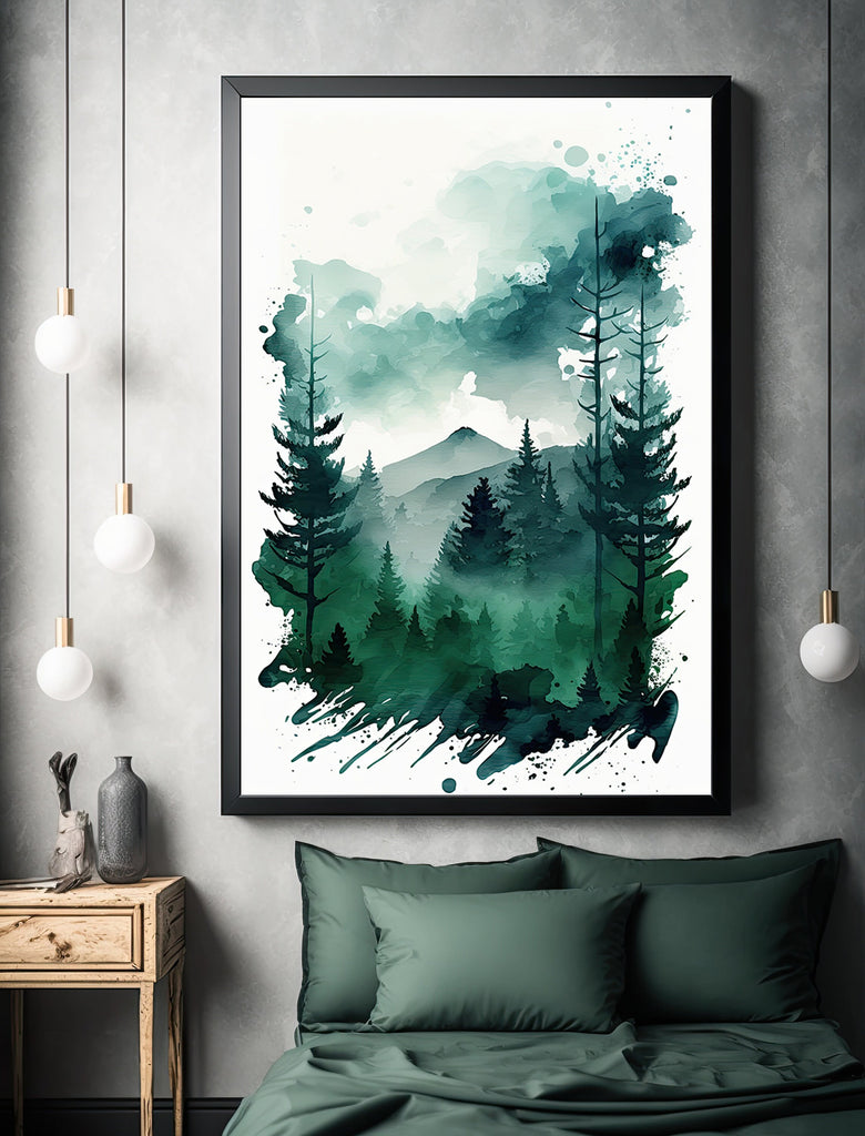 Forest Stream Sage Green Wall Art Watercolor Print Landscape Painting Nature Inspired Gift Woodland Cottagecore Decor