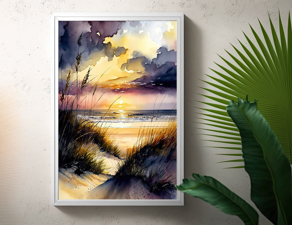 Beach Sunset Watercolor Print Ocean Wall Art Tropical Nature Gift Coastal Landscape Home Decor