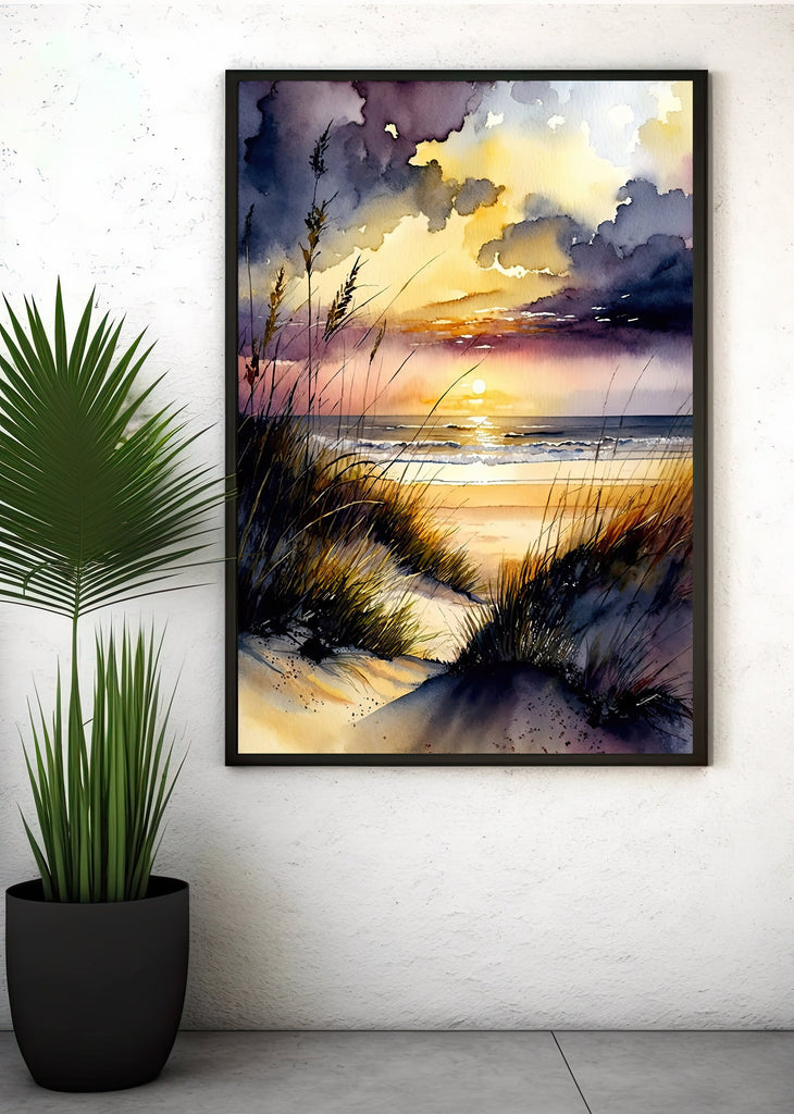 Beach Sunset Watercolor Print Ocean Wall Art Tropical Nature Gift Coastal Landscape Home Decor