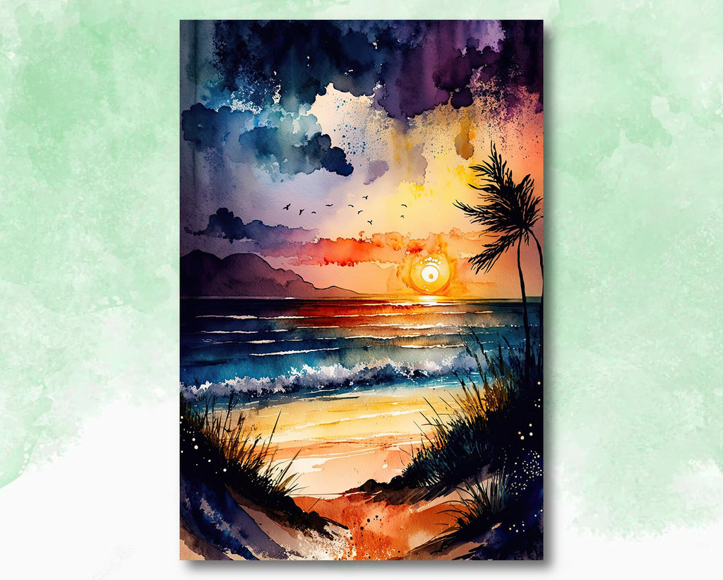 Beach Sunset Watercolor Print Ocean Wall Art Tropical Nature Gift Coastal Landscape Home Decor