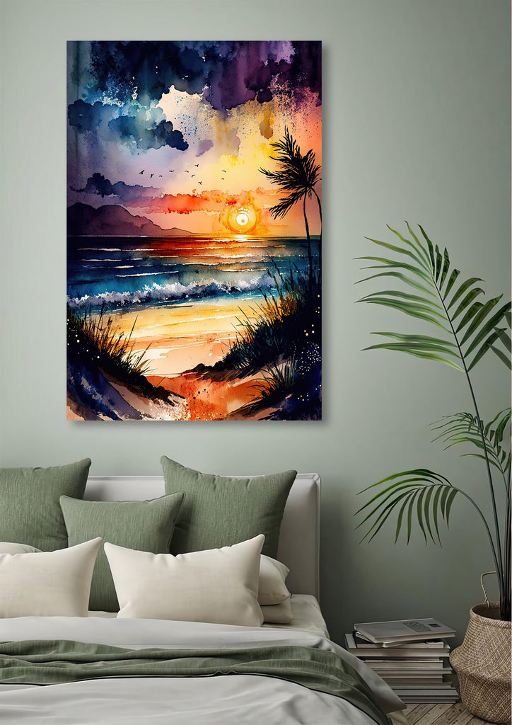 Beach Sunset Watercolor Print Ocean Wall Art Tropical Nature Gift Coastal Landscape Home Decor