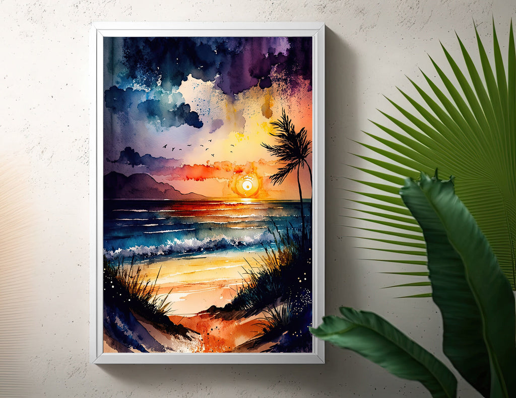 Beach Sunset Watercolor Print Ocean Wall Art Tropical Nature Gift Coastal Landscape Home Decor