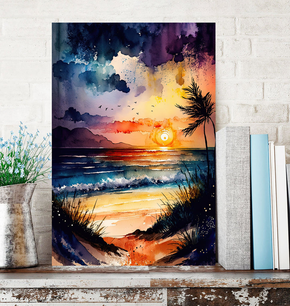 Beach Sunset Watercolor Print Ocean Wall Art Tropical Nature Gift Coastal Landscape Home Decor