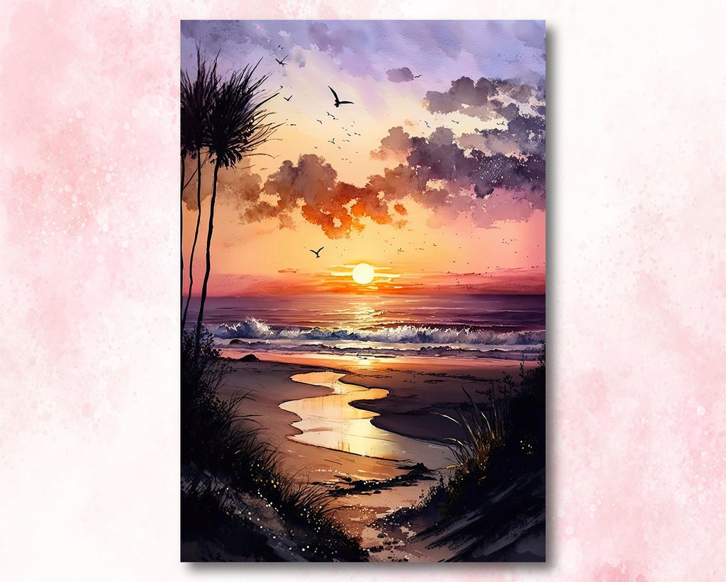 Beach Sunset Watercolor Print Ocean Wall Art Tropical Nature Gift Coastal Landscape Home Decor