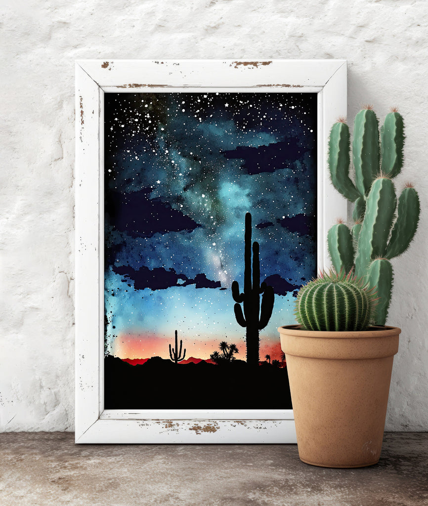 Desert Milky Way Art Print Watercolor Landscape Wall Art Southwest Gift Sonoran Cactus Beautiful Starry Night Western Decor