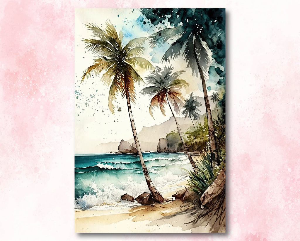 Tropical Palm Tree Beach Art Print Watercolor Coastal Wall Art Nature Inspired Gift Ocean Beach House Decor