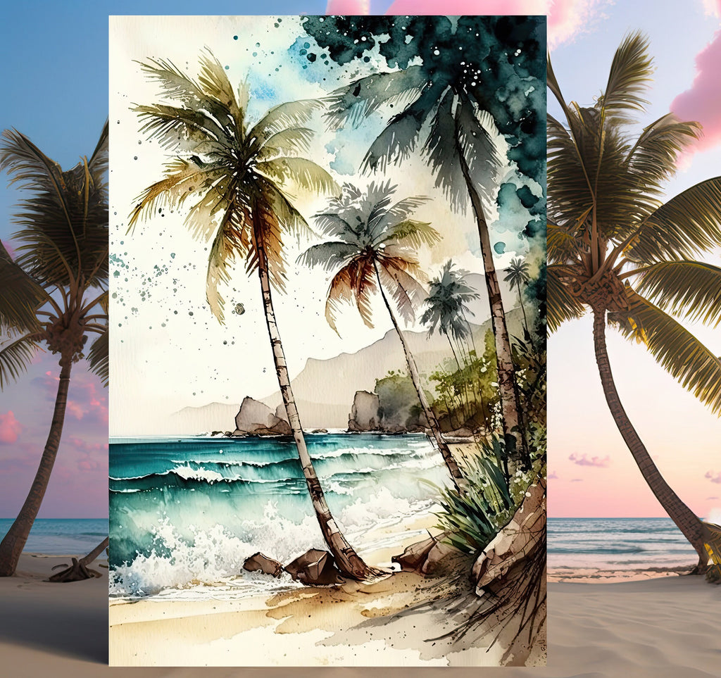 Tropical Palm Tree Beach Art Print Watercolor Coastal Wall Art Nature Inspired Gift Ocean Beach House Decor