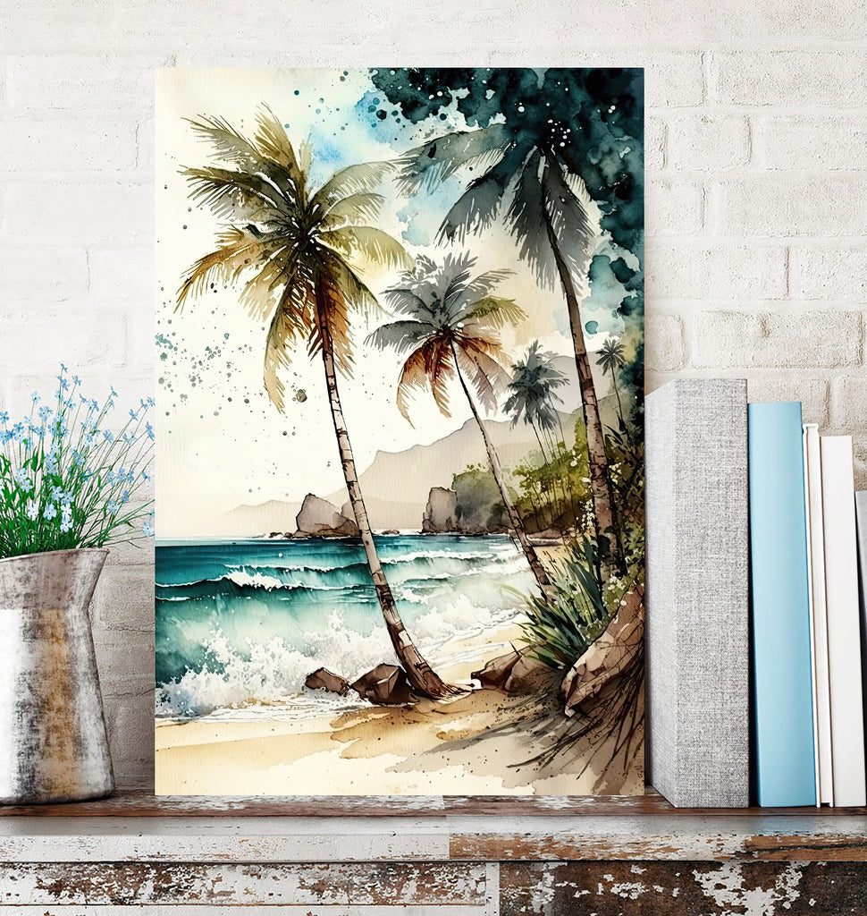 Tropical Palm Tree Beach Art Print Watercolor Coastal Wall Art Nature Inspired Gift Ocean Beach House Decor