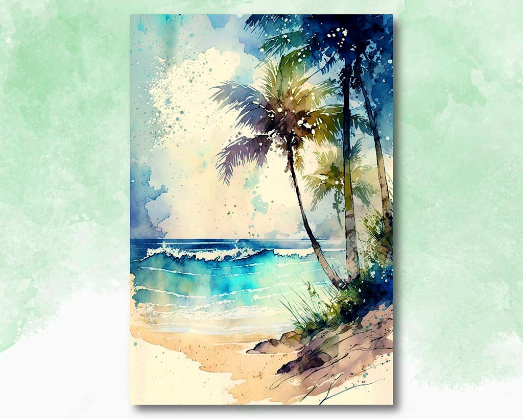 Tropical Palm Tree Beach Art Print Watercolor Coastal Wall Art Nature Inspired Gift Ocean Beach House Decor