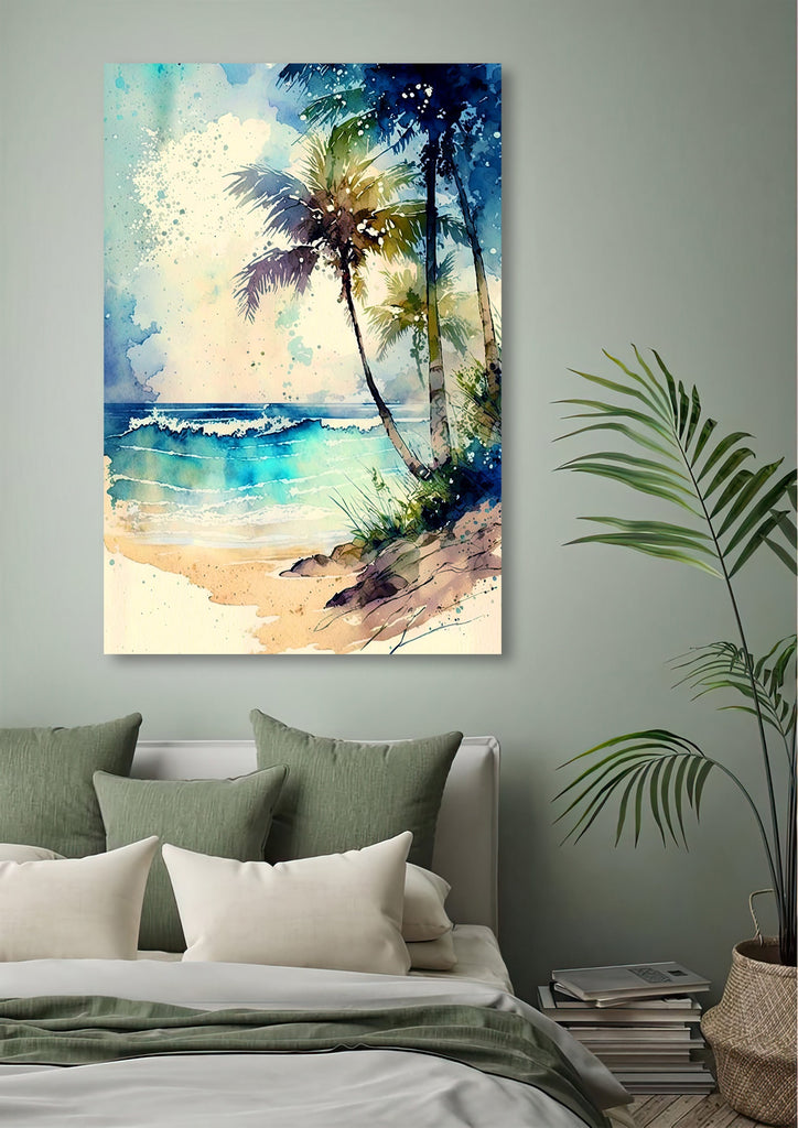 Tropical Palm Tree Beach Art Print Watercolor Coastal Wall Art Nature Inspired Gift Ocean Beach House Decor