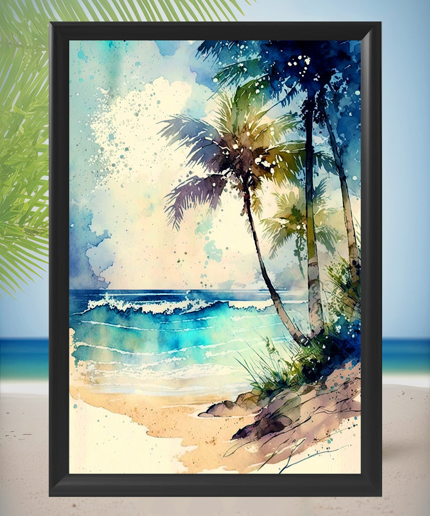 Tropical Palm Tree Beach Art Print Watercolor Coastal Wall Art Nature Inspired Gift Ocean Beach House Decor