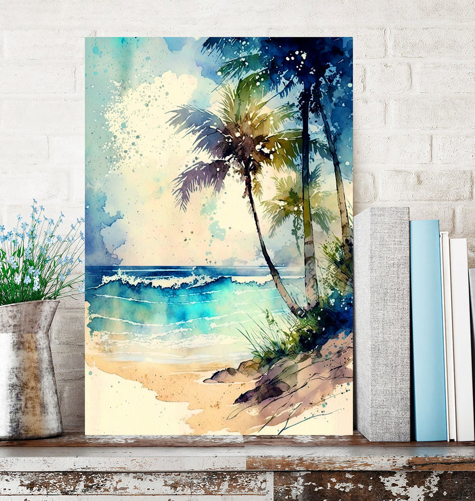 Tropical Palm Tree Beach Art Print Watercolor Coastal Wall Art Nature Inspired Gift Ocean Beach House Decor