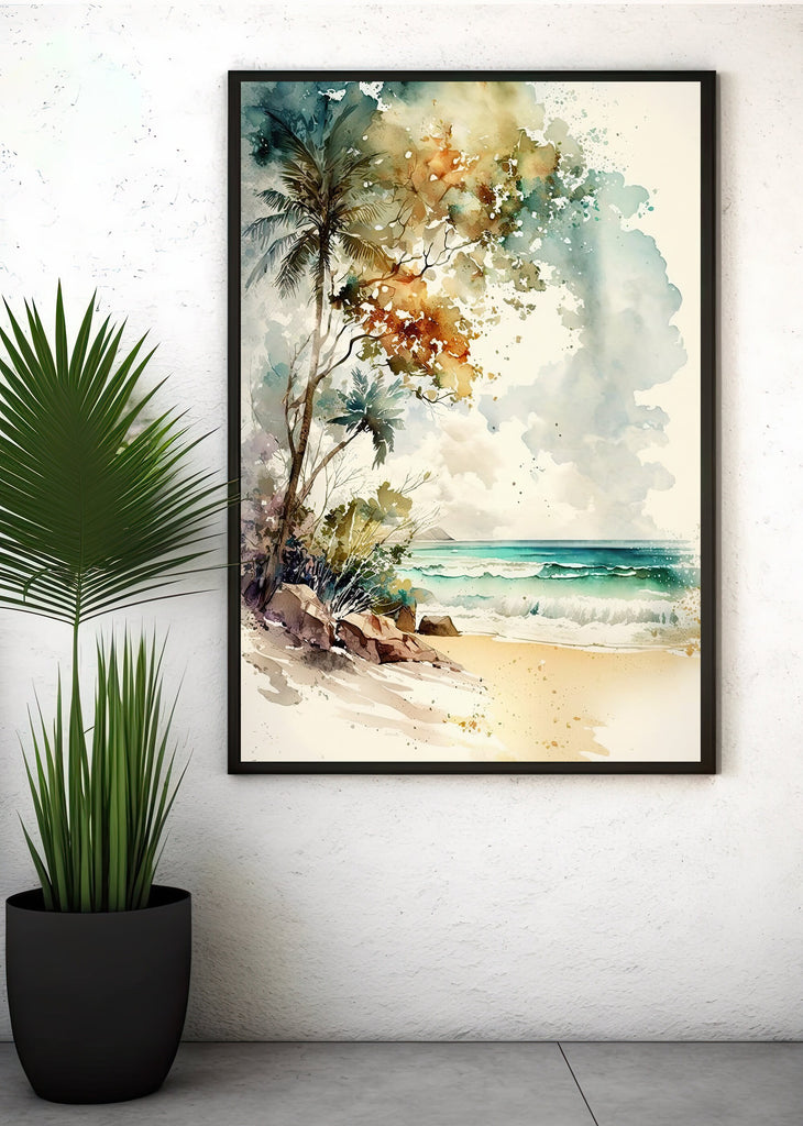 Tropical Palm Tree Beach Art Print Watercolor Coastal Wall Art Nature Inspired Gift Ocean Beach House Decor