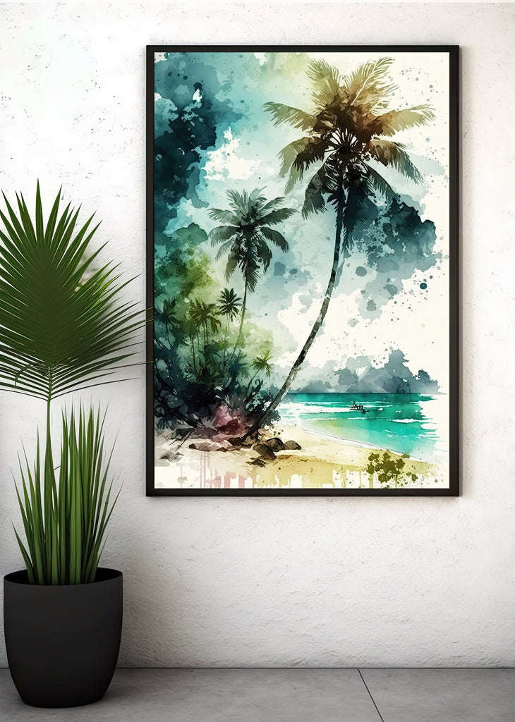 Tropical Palm Tree Beach Art Print Watercolor Coastal Wall Art Nature Inspired Gift Ocean Beach House Decor