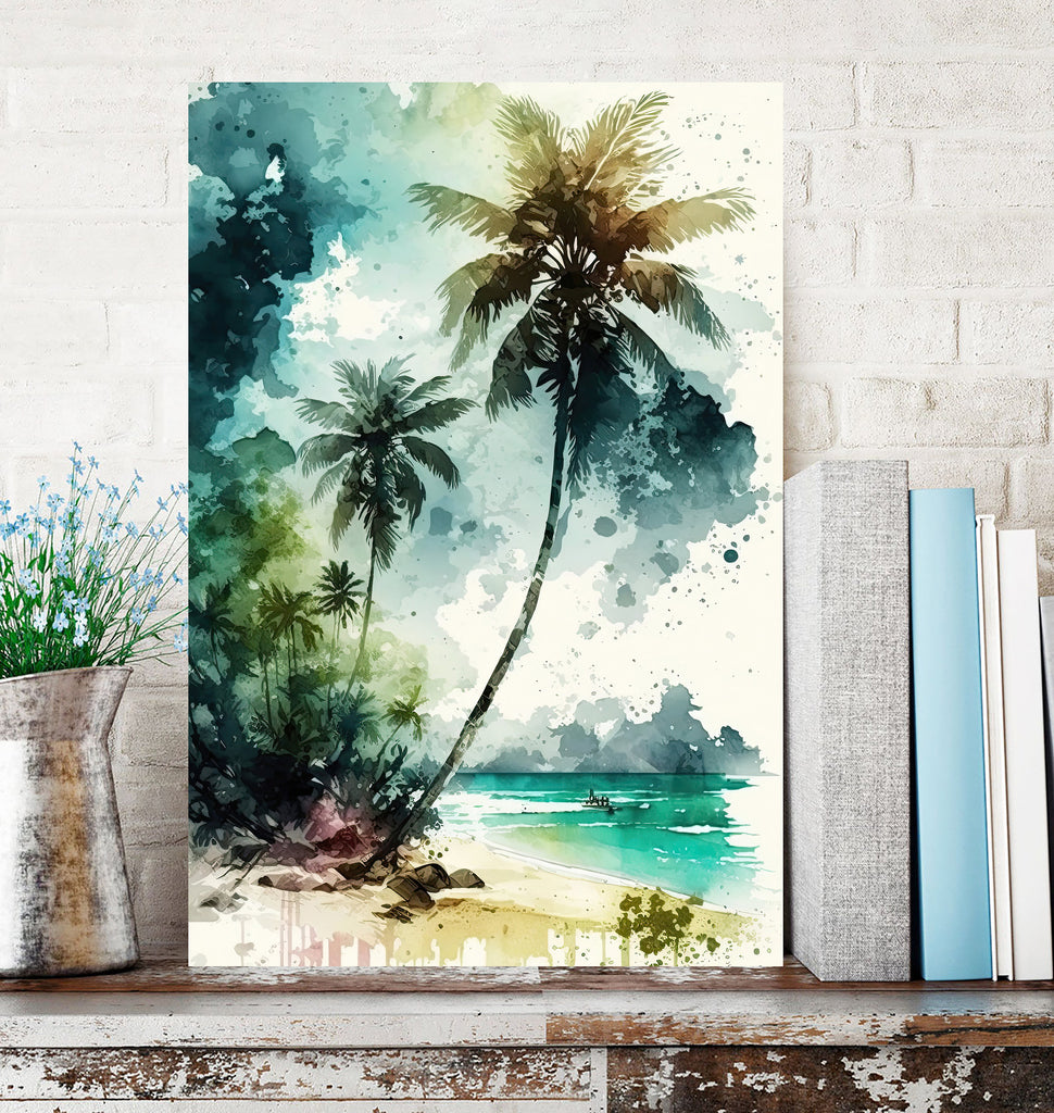 Tropical Palm Tree Beach Art Print Watercolor Coastal Wall Art Nature Inspired Gift Ocean Beach House Decor