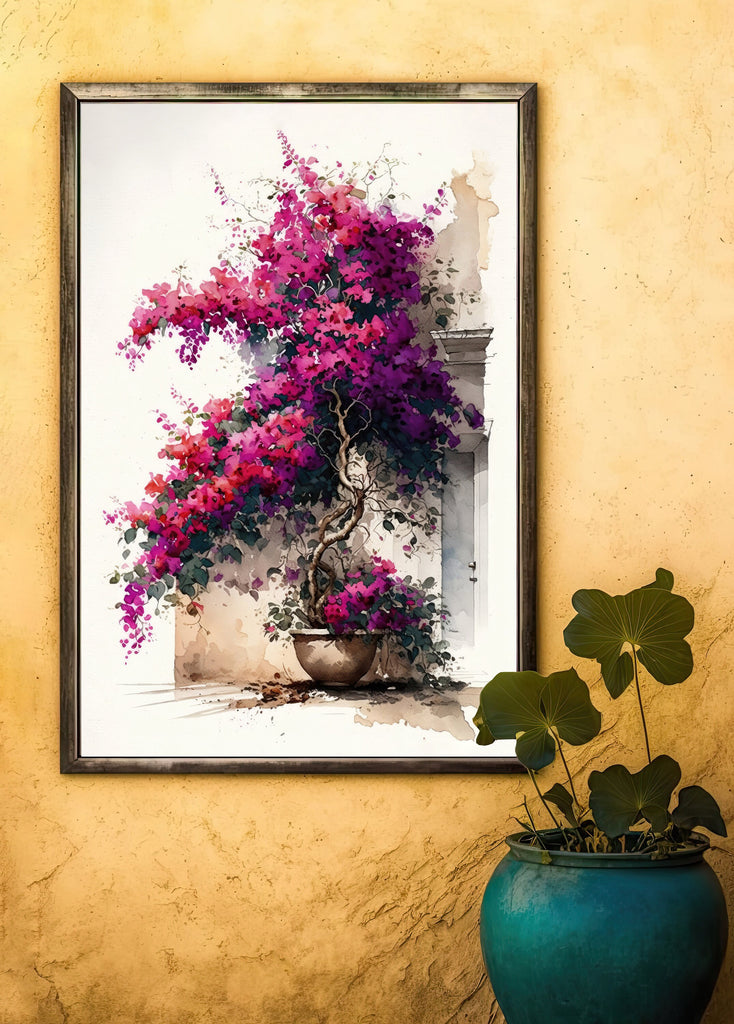 Bougainvillea Vines Watercolor Painting Floral Print Mediterranean Botanical Wall Art Magenta Tropical Flowers Gift Nature Inspired Decor