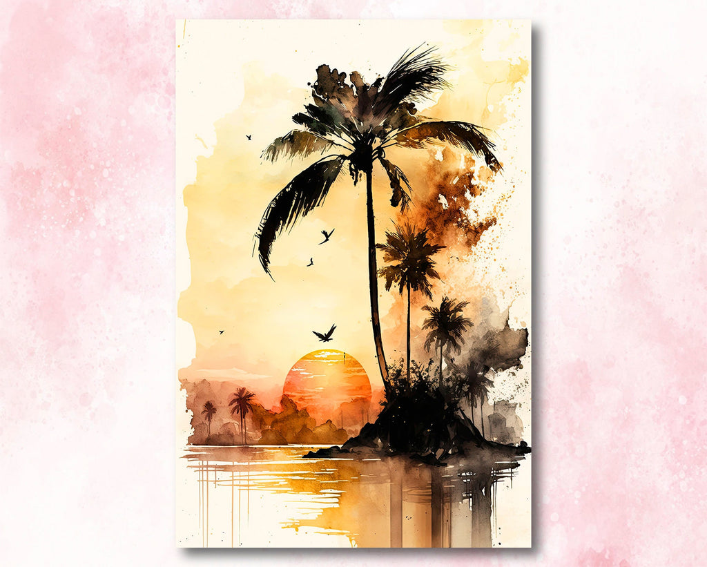 Palm Tree Sunset Art Print Watercolor Coastal Wall Art Nature Inspired Gift Tropical Beach House Home Decor