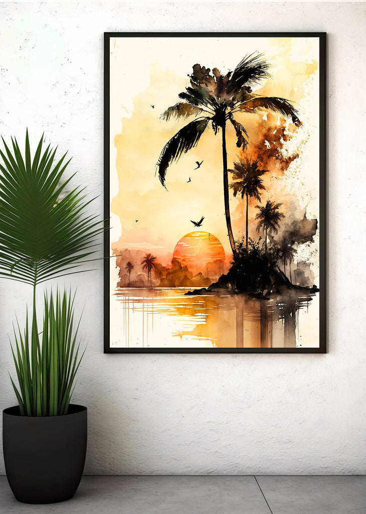 Palm Tree Sunset Art Print Watercolor Coastal Wall Art Nature Inspired Gift Tropical Beach House Home Decor