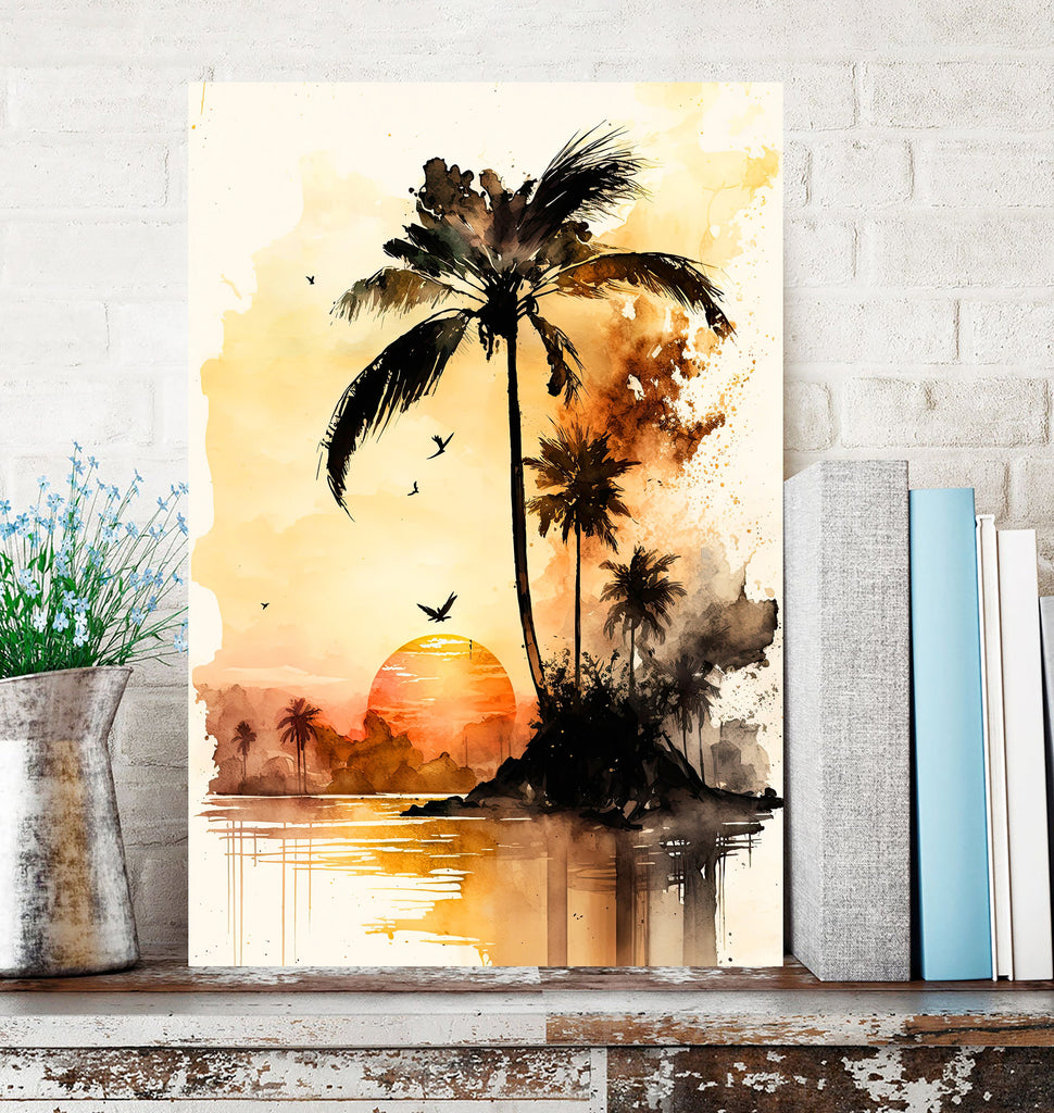 Palm Tree Sunset Art Print Watercolor Coastal Wall Art Nature Inspired Gift Tropical Beach House Home Decor