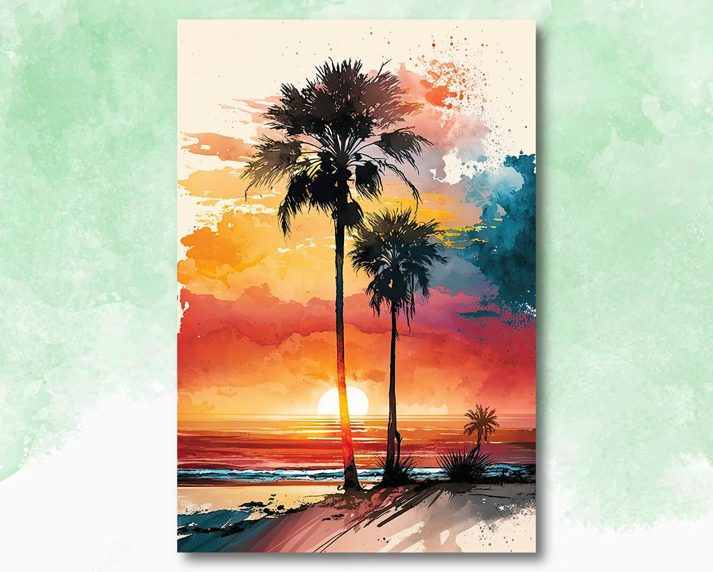 Palm Tree Sunset Art Print Watercolor Coastal Wall Art Nature Inspired Gift Tropical Beach House Home Decor