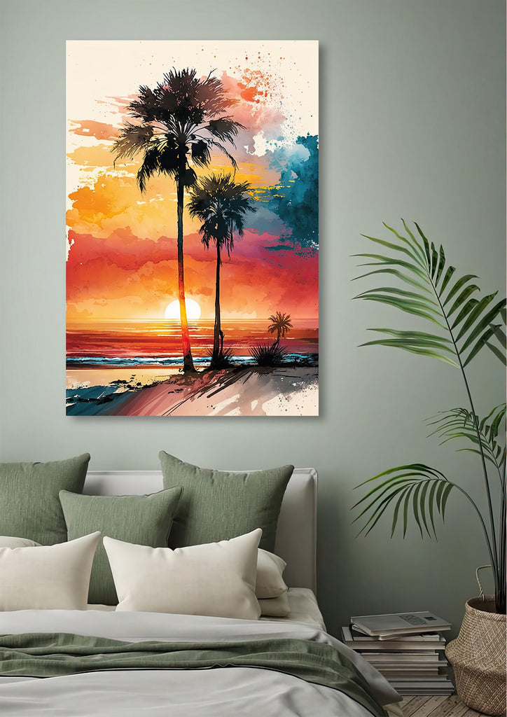 Palm Tree Sunset Art Print Watercolor Coastal Wall Art Nature Inspired Gift Tropical Beach House Home Decor