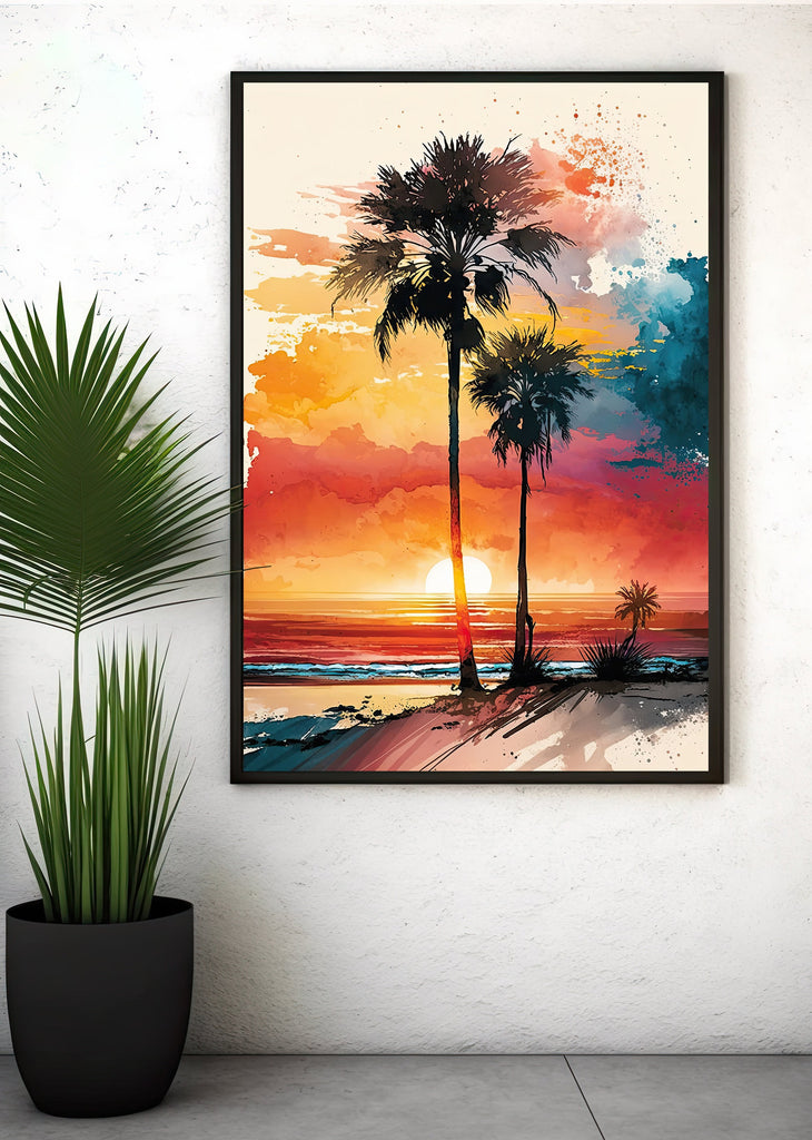 Palm Tree Sunset Art Print Watercolor Coastal Wall Art Nature Inspired Gift Tropical Beach House Home Decor