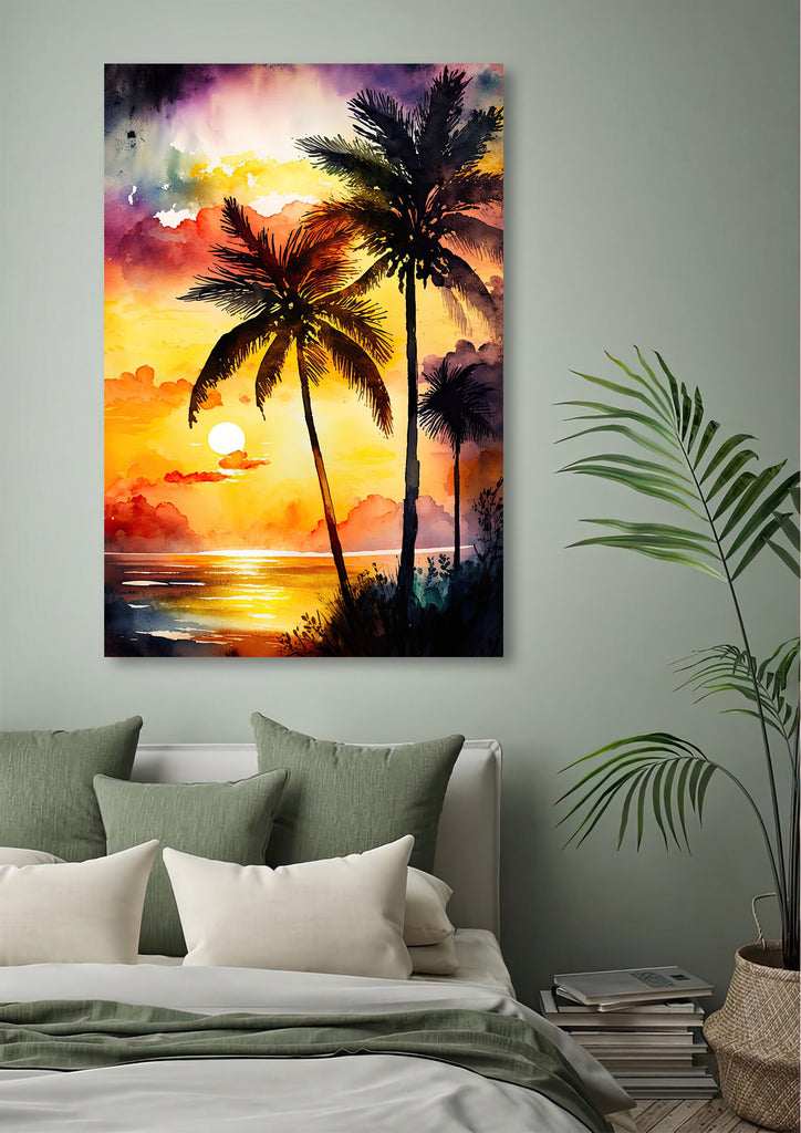 Palm Tree Sunset Art Print Watercolor Coastal Wall Art Nature Inspired Gift Tropical Beach House Home Decor