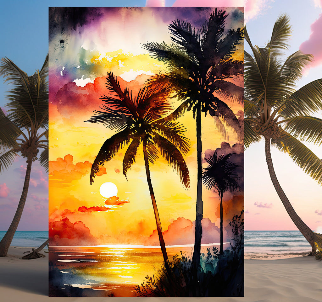 Palm Tree Sunset Art Print Watercolor Coastal Wall Art Nature Inspired Gift Tropical Beach House Home Decor