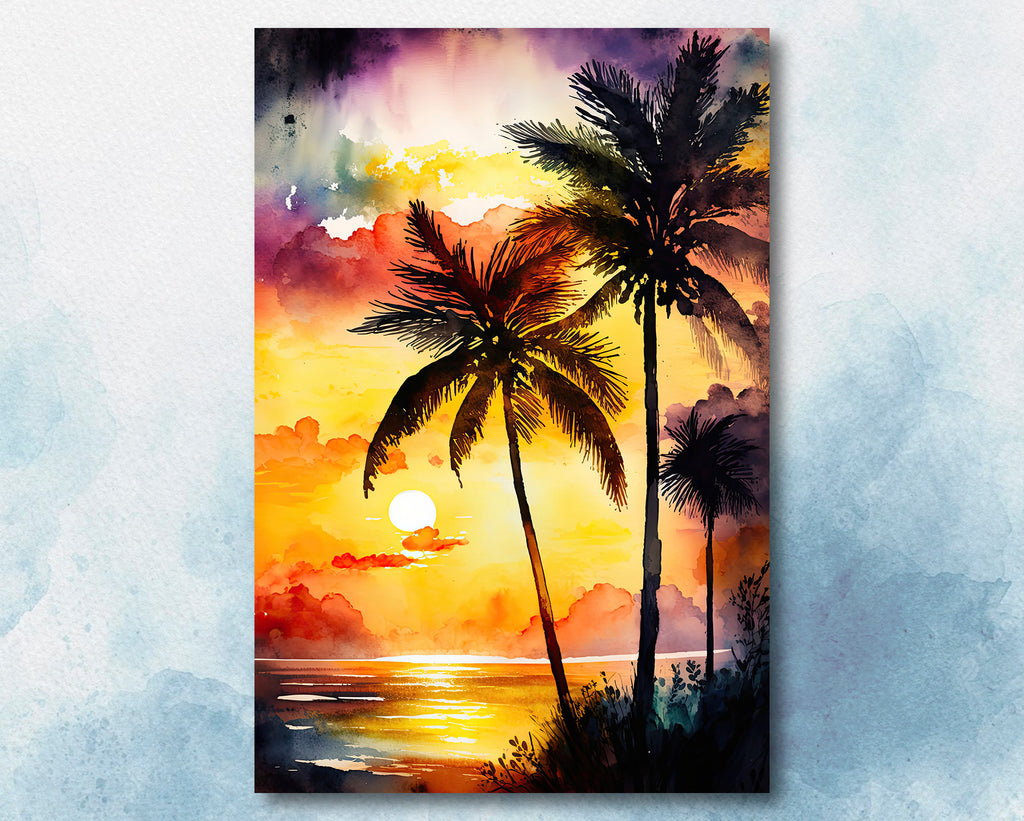 Palm Tree Sunset Art Print Watercolor Coastal Wall Art Nature Inspired Gift Tropical Beach House Home Decor