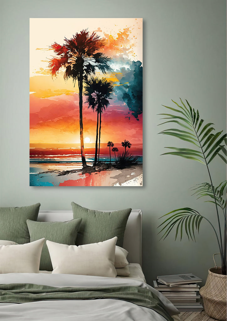 Palm Tree Sunset Art Print Watercolor Coastal Wall Art Nature Inspired Gift Tropical Beach House Home Decor