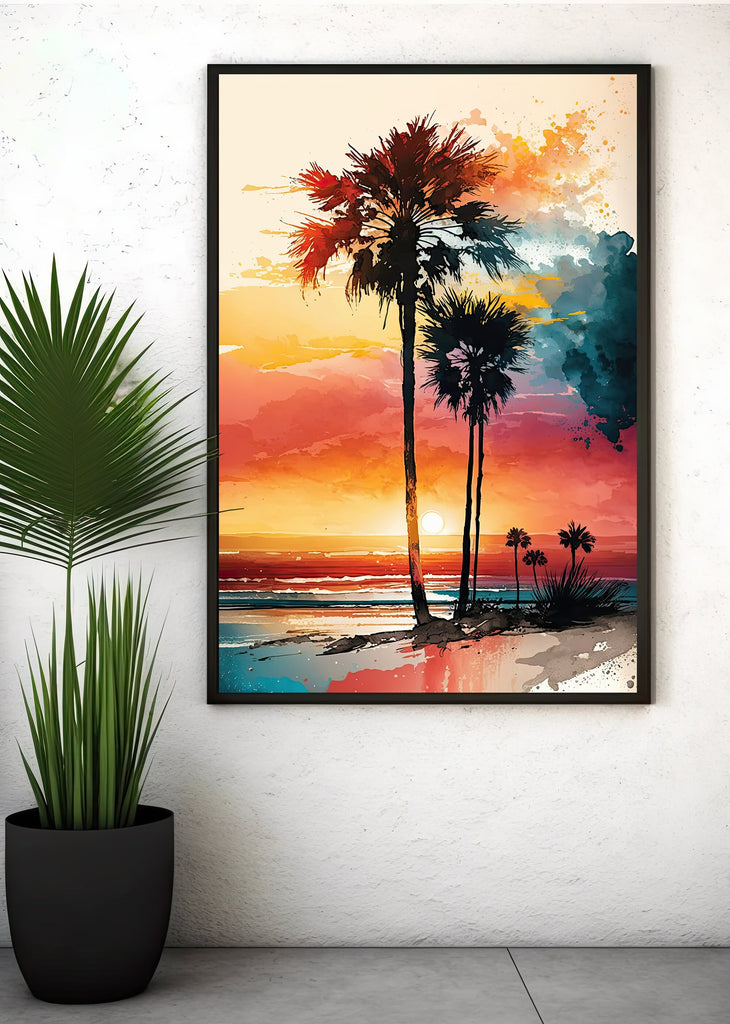 Palm Tree Sunset Art Print Watercolor Coastal Wall Art Nature Inspired Gift Tropical Beach House Home Decor