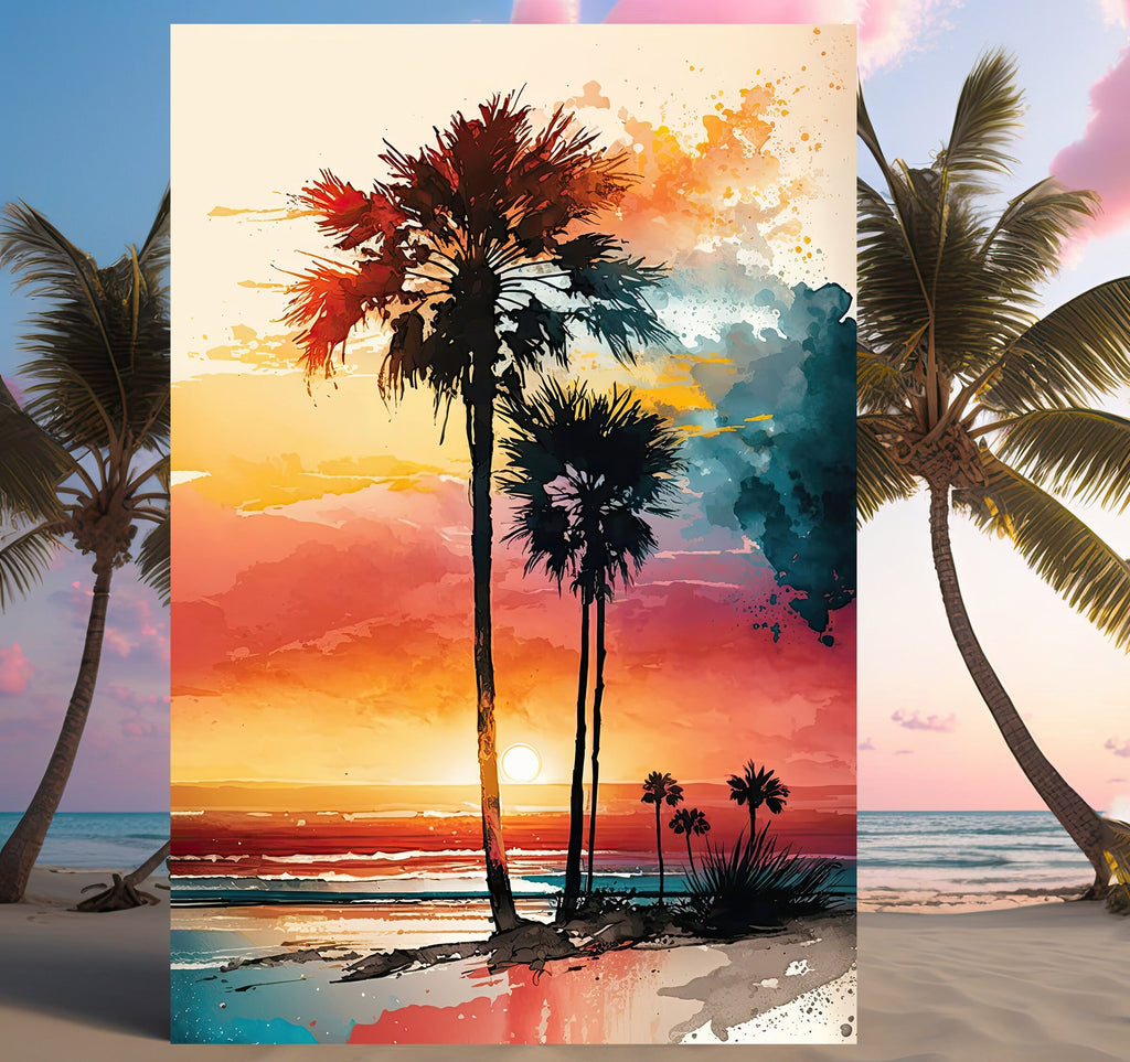 Palm Tree Sunset Art Print Watercolor Coastal Wall Art Nature Inspired Gift Tropical Beach House Home Decor