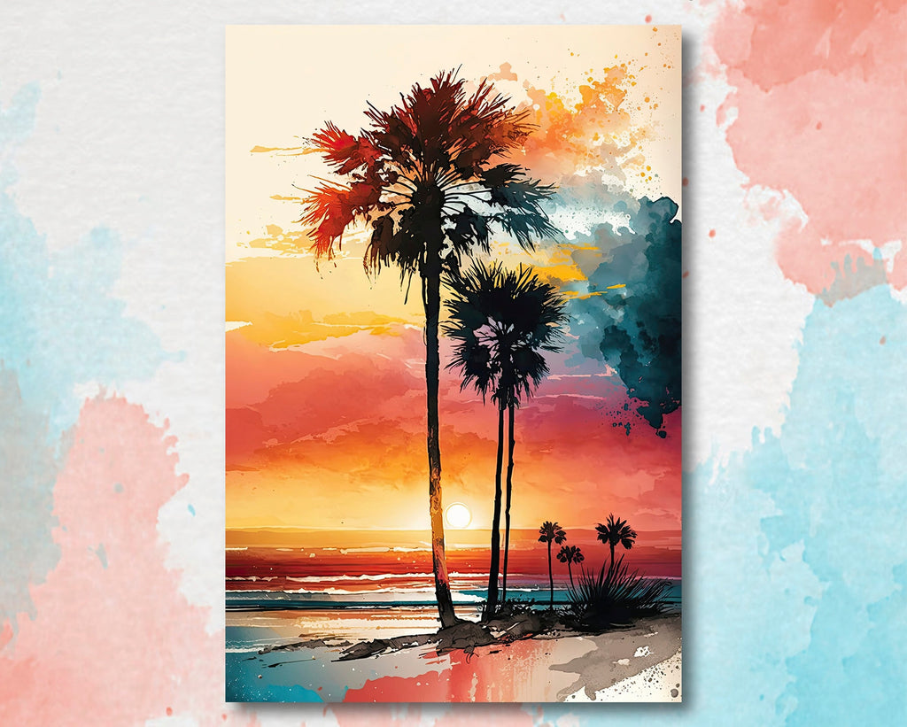 Palm Tree Sunset Art Print Watercolor Coastal Wall Art Nature Inspired Gift Tropical Beach House Home Decor