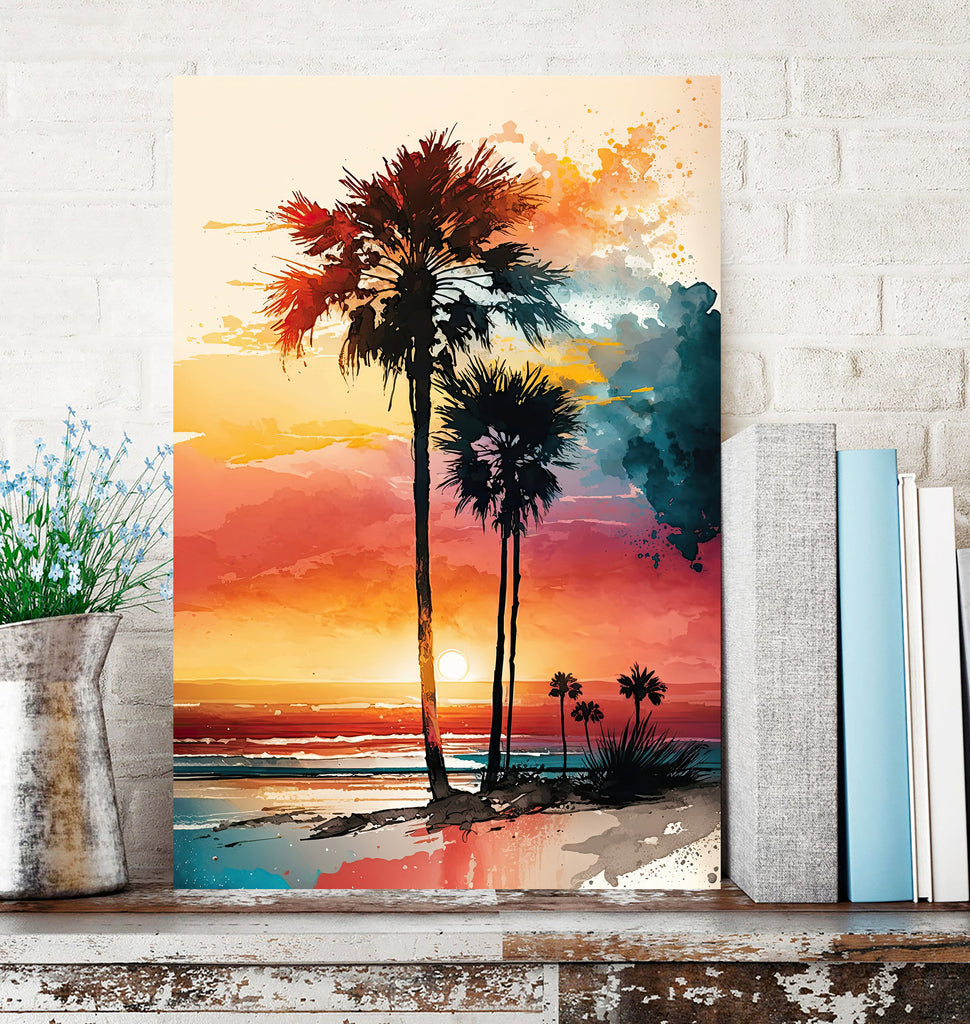 Palm Tree Sunset Art Print Watercolor Coastal Wall Art Nature Inspired Gift Tropical Beach House Home Decor