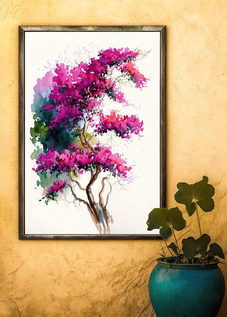 Bougainvillea Vines Watercolor Painting Floral Print Mediterranean Botanical Wall Art Magenta Tropical Flowers Gift Nature Inspired Decor