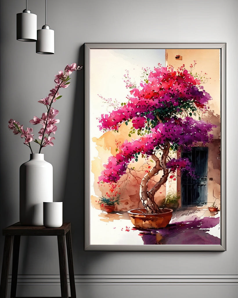 Bougainvillea Vines Watercolor Painting Floral Print Mediterranean Botanical Wall Art Magenta Tropical Flowers Gift Nature Inspired Decor