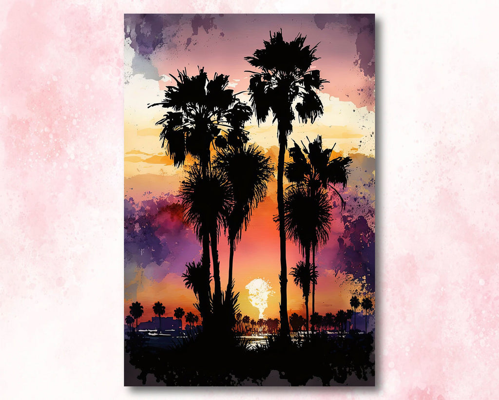 Palm Tree Sunset Art Print Watercolor Coastal Wall Art Nature Inspired Gift Tropical Beach House Home Decor