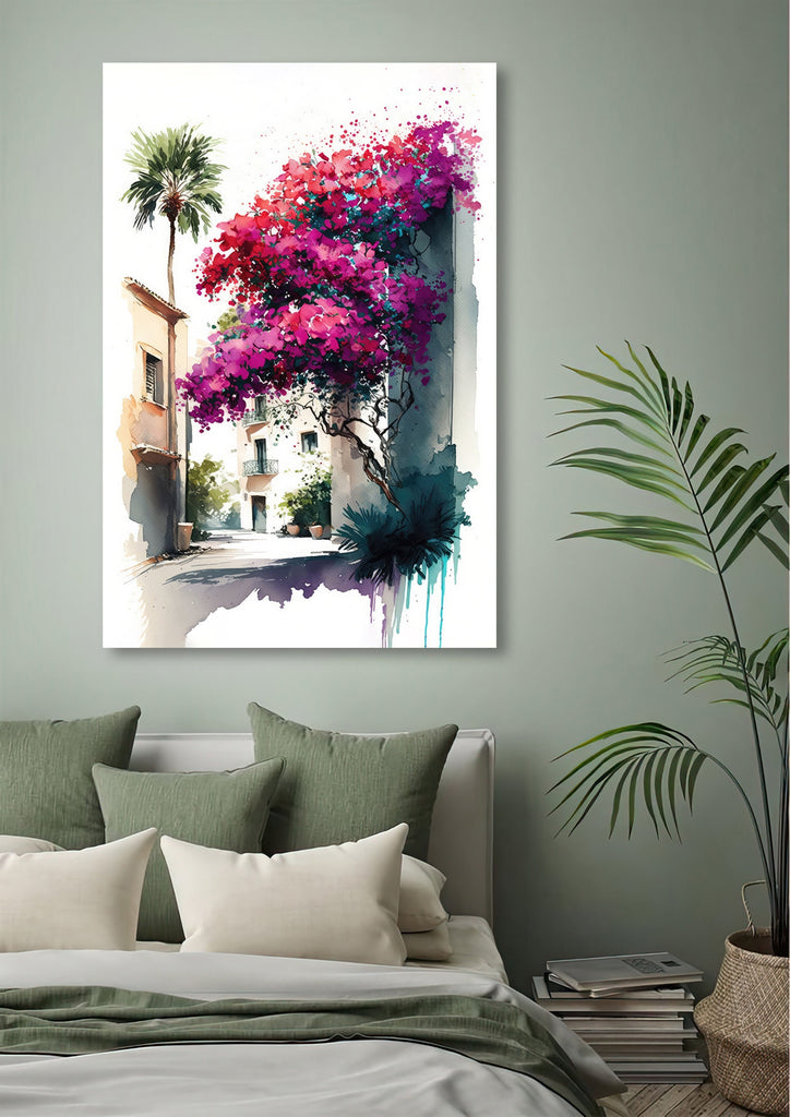 Bougainvillea Vines Watercolor Painting Floral Print Mediterranean Botanical Wall Art Magenta Tropical Flowers Gift Nature Inspired Decor